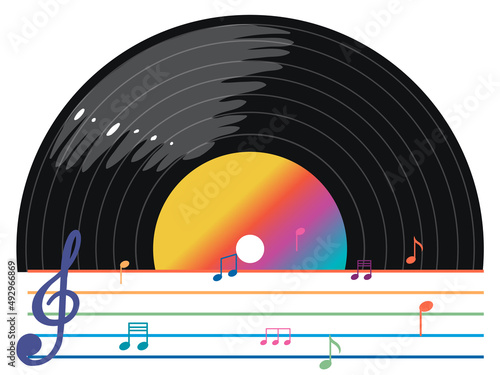 Music notes rainbow colourful with vinyl record on white background