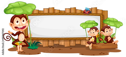 Blank wooden signboard with monkey catoon