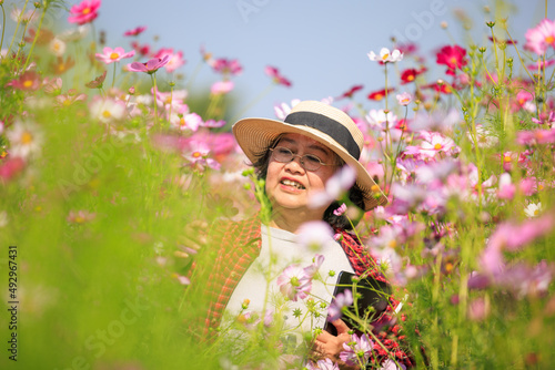 Senior woman wearing plaid shirt and hat with tablet on holding hand walking relax and happily in the her beautiful cosmos flower garden © SHUTTER DIN