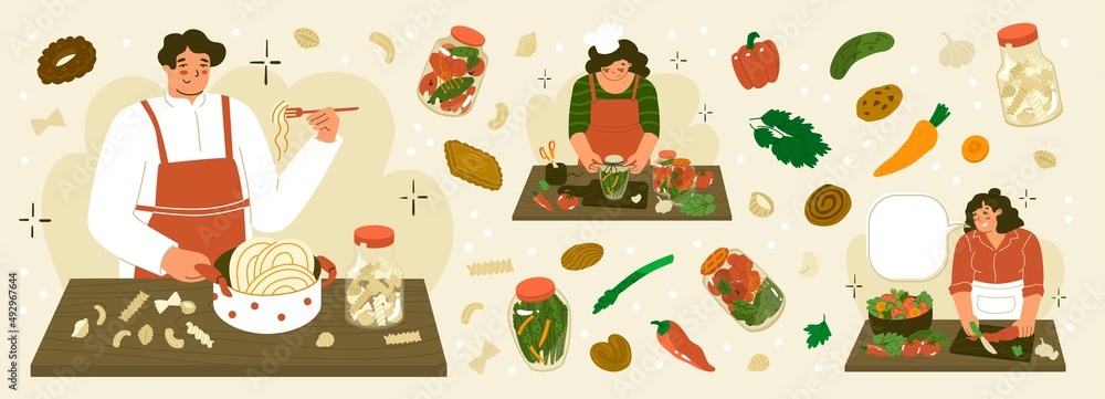 Cooking. set with three scenes on the kitchen. Woman makes salad, girl preparing Home canning, man cooks pasta. Food blogging concept. Vegetables icons. Flat style in vector illustration. Cooking. set with three scenes on the kitchen. Woman makes salad, girl preparing Home canning, man cooks pasta. Food blogging concept. Vegetables icons. Flat style in vector illustration.