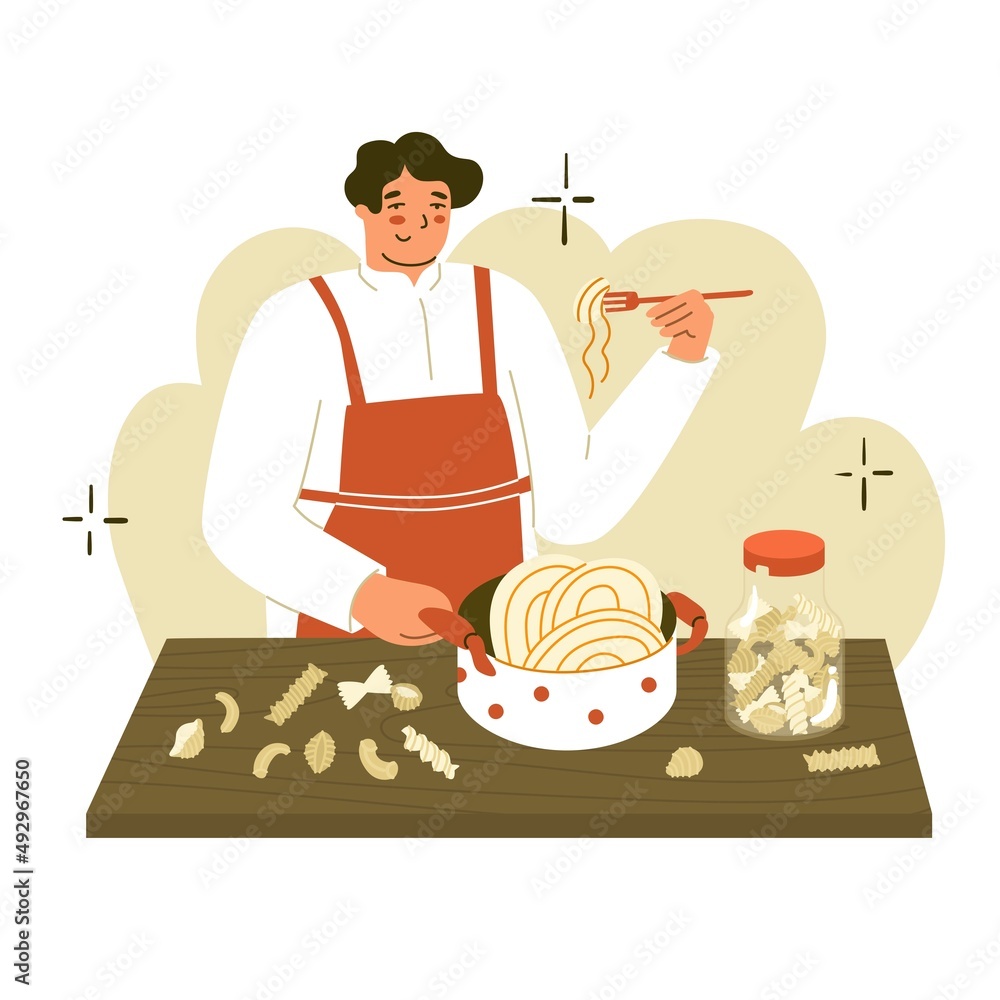 Man is cooking pasta. Cooking. Preparing food process. Chef. Italian delicious meal. Flat style in vector illustration. Man is cooking pasta. Cooking. Preparing food process. Chef. Italian delicious meal. Flat style in vector illustration.