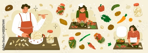 Cooking. set with three scenes on the kitchen. Woman makes salad, girl preparing Home canning, man cooks pasta. Food blogging concept. Vegetables icons. Flat style in vector illustration.