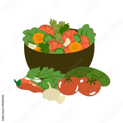 Cooking. Large bowl with fresh vegetable salad. Tomatoes, carrots, lettuce, cucumbers, peppers.  Healthy vegetarian food. Preparing food process. Flat style in vector illustration.
