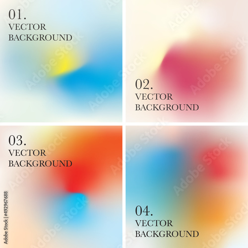 Set of 4 multicolor blurred background. Abstract modern vector artwork for print, web, banner, social media, applications. Soft transition, nostalgia, liquid, fluid color gradient composition. photo