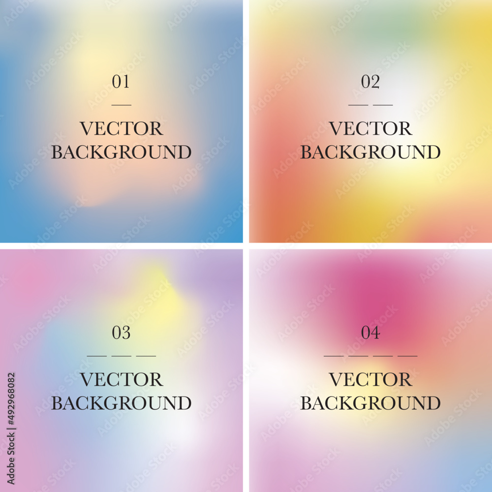 Fototapeta premium Set of 4 multicolor blurred background. Abstract modern vector artwork for print, web, banner, social media, applications. Soft transition, nostalgia, liquid, fluid color gradient composition.