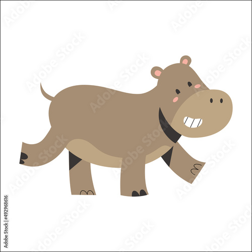 Hippo animal, funny cute hippopotamus with face expression dancing and smiling, african safari animal, flat vector illustration isolated on white background, print or sticker for nursery © Favebrush