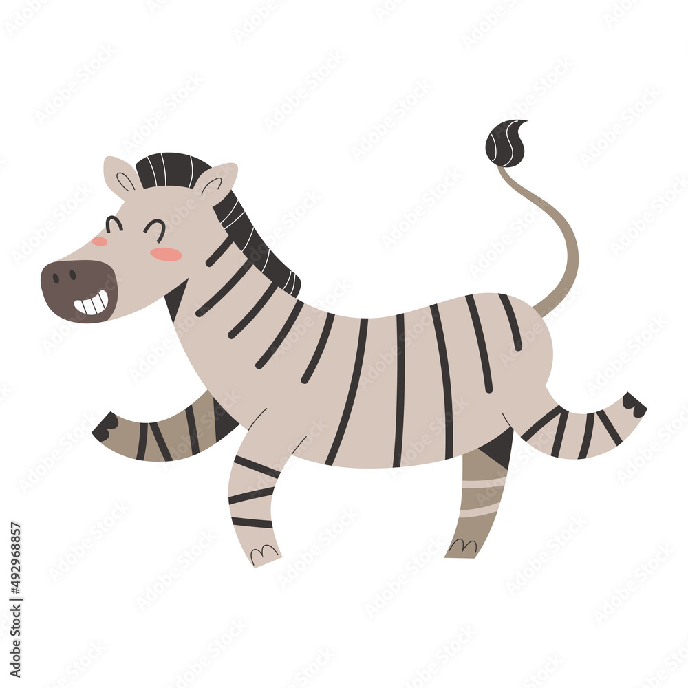 Obraz premium African zebra jumping and smiling, cute safari animal, cartoon character, isolated vector illustration, good as print or sticker