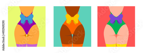 set of posters of a girl in a swimsuit with a bow, a beautiful toned body, a modern illustration in rich colors