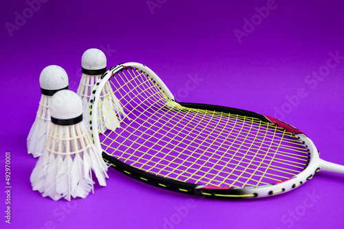 Broken badminton racket and used white badminton shuttlecocks on purple floor of the court, soft and selective focus, concept for badminton sport lovers around the world.