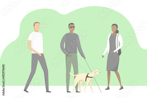 Man with blindness walking with guide dog. Vector illustration.