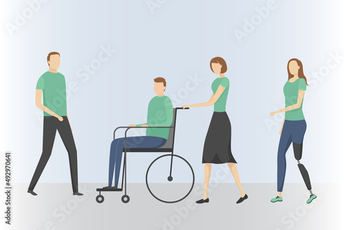 Man with disability and woman with leg prosthesis. Vector illustration.