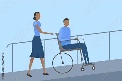 Aide pushing wheelchair with person with disability on ramp. Vector illustration.