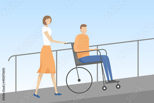 Helper pushing wheelchair with person with disability on ramp. Vector illustration.