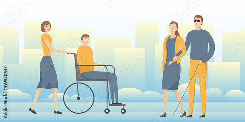 Person with blindness and person with disability walking with their aides. Vector illustration. photo