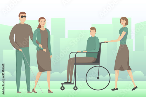 Person with disability and person with blindness walking with their helpers. Vector illustration.