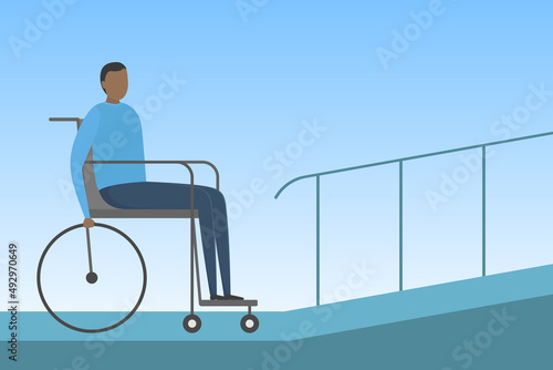 Person with disability in wheelchair going to drive on ramp. Vector illustration.