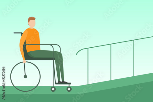 Man with disability in wheelchair going to drive on ramp. Vector illustration.