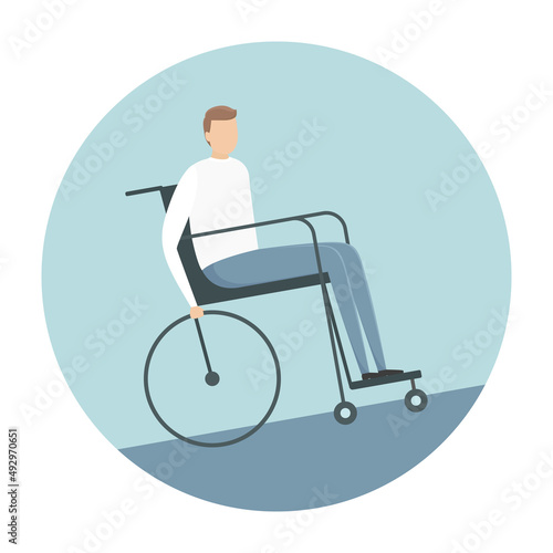 Person with disability pushing his wheelchair. Vector illustration.