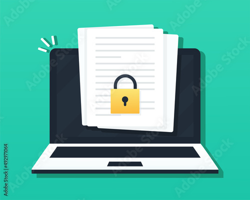Documents pile with locked access on computer laptop. Vector illustration