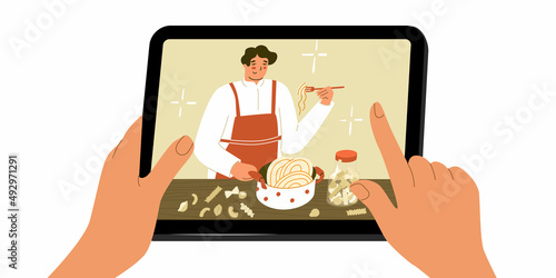 Food blogger. Cooking. Man cooks pasta. Preparing food process. Food blogging concept. Chef. Gadget using concept. Flat style in vector illustration.