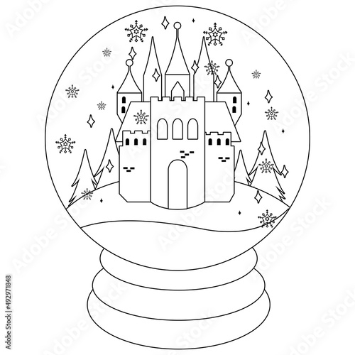 Snow globe with a fairy tale castle. Vector black and white coloring page.