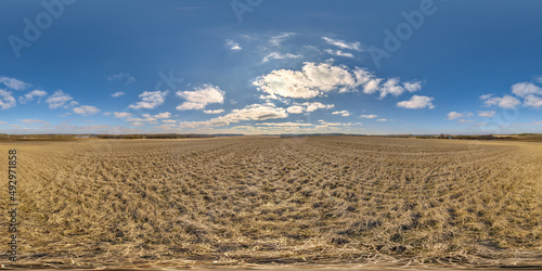 360 hdri panorama view among farming fields with sun without clouds in clear sky in full seamless equirectangular spherical projection, ready for VR AR virtual reality content