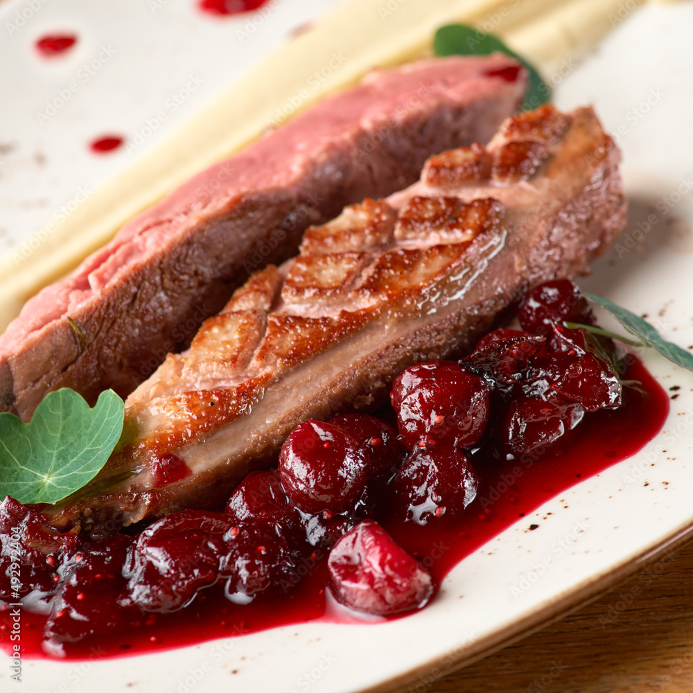 Traditional gourmet duck breast filet with mashed potatoes and cranberry sauce as closeup