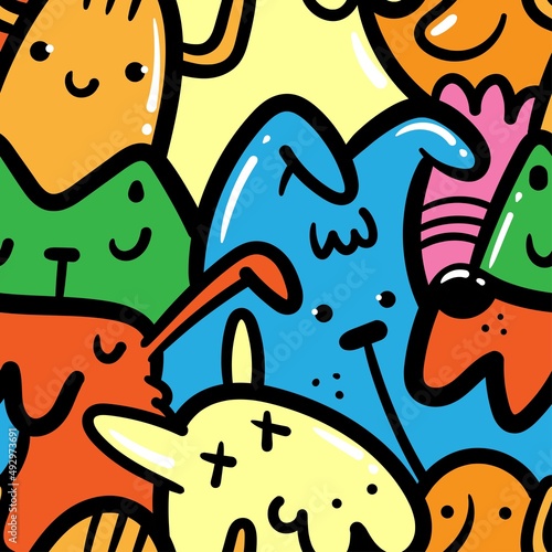 Seamless pattern with cute cartoon creatures on colorful background. Funny cartoon animals print. Doodle monster poster.