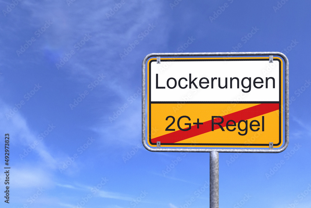 3d Illustation - Ortsschild - Ortstafel - 2G Plus Regel - Lockerungen - Himmel - Wolken 3d Illustation - Ortsschild - Ortstafel - 2G Plus Regel - Lockerungen - Himmel - Wolken