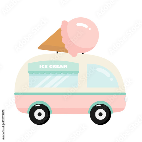 Pink van with ice cream. For kids stuff, card, posters, banners, books, printing on the pack, printing on clothes, fabric, wallpaper, textile or dishes. Vector illustration.