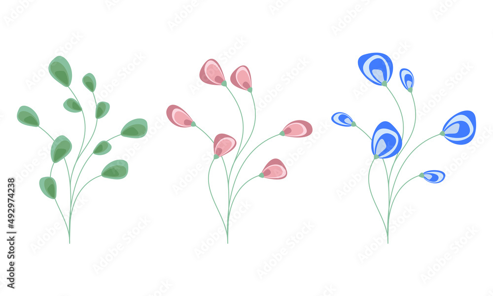 Bunch of flowers bundle isolated on white. Minimal floral design element set. Flat cartoon botanical vector illustration for print, pattern, banner, background or greeting card. Holiday decor.
