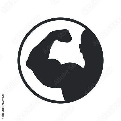 Strong hand graphic icon. Brawny arm sign in the circle isolated on white background. Bodybuilding and fitness symbol. Logo. Vector illustration