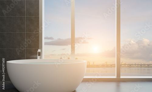 Spacious bathroom in gray tones with heated floors, freestanding tub. 3D rendering.. Sunset. © COK House