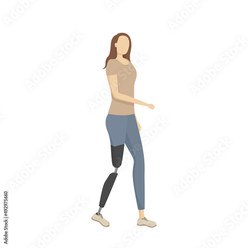Woman with leg prosthesis. Vector illustration.