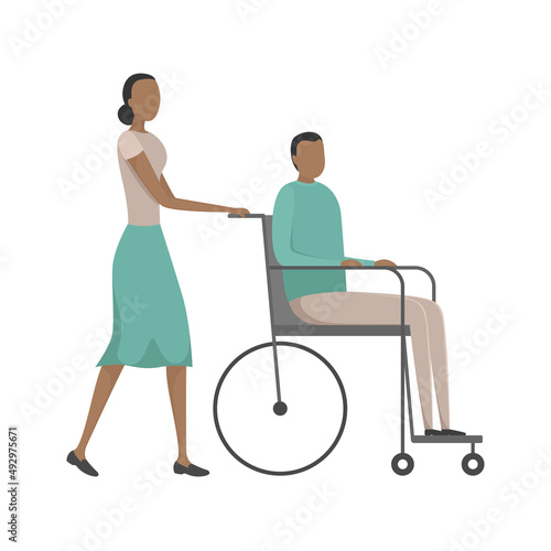 Woman help man in wheelchair. Vector illustration.