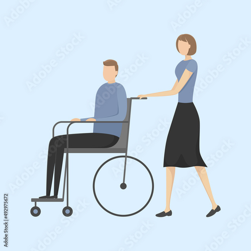 Woman help disabled person. Vector illustration.