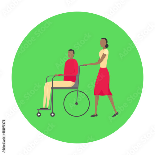 Woman help man in wheelchair. Vector illustration.