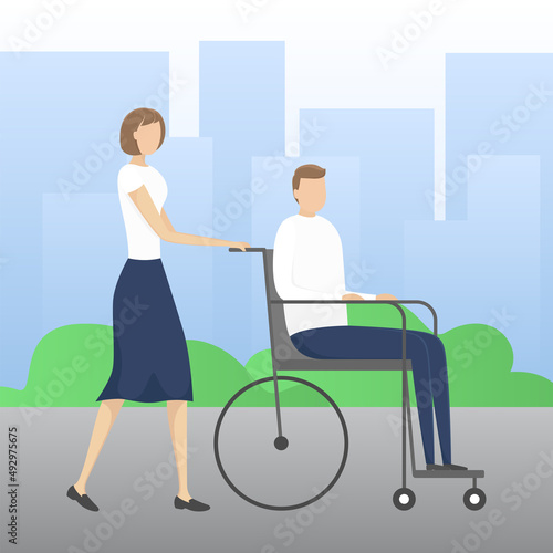 Woman help disabled person. Vector illustration.