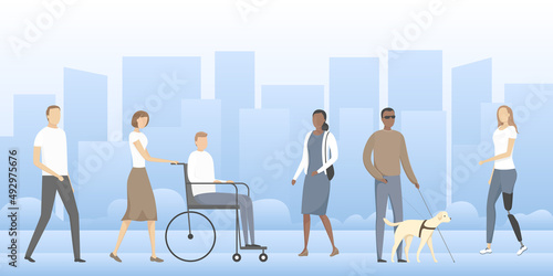 Man in wheelchair, woman with leg prosthesis, man with guide dog. Vector illustration.