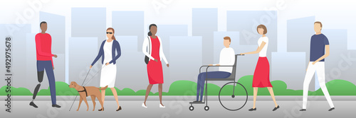 Man in wheelchair, man with leg prosthesis, woman with seeing eye dog. Vector illustration.