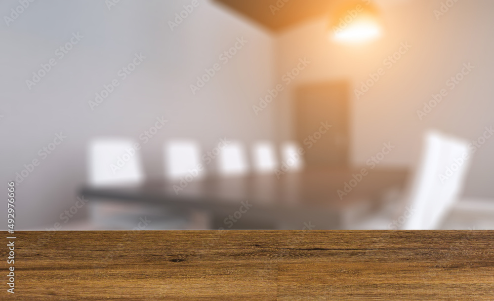 Fototapeta premium Modern office building interior. 3D rendering.. Sunset. Background with empty table. Flooring.