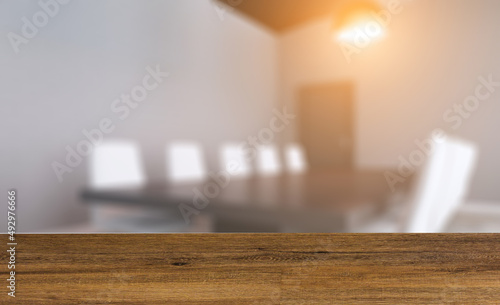 Modern office building interior. 3D rendering.. Sunset. Background with empty table. Flooring.