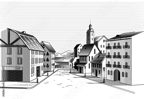 Old town, black and white vector drawing photo
