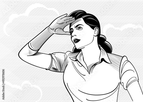 Woman looking forward and up, black and white vector drawing