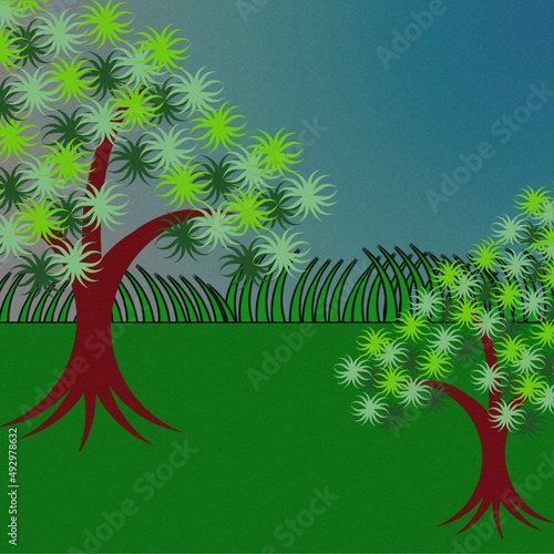 Fototapeta Naklejka Na Ścianę i Meble -  cartoon tree on a green background