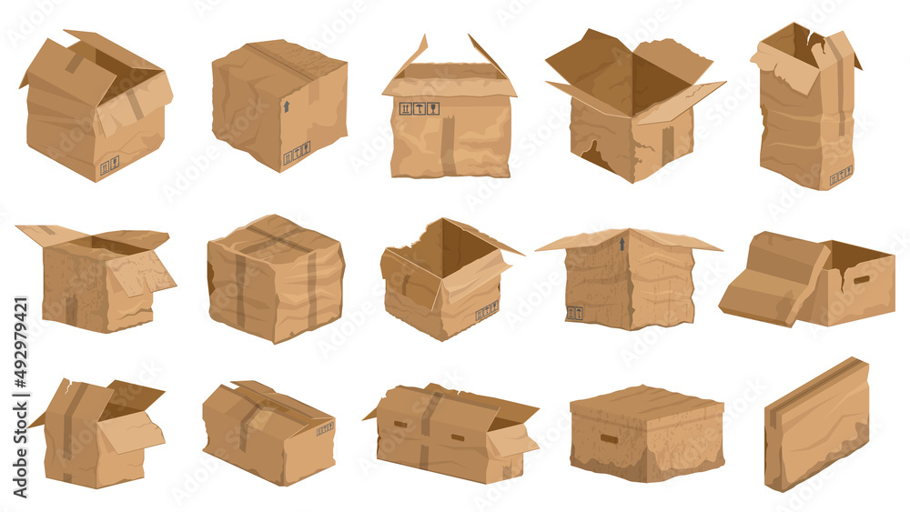 Damaged carton cardboard boxes, crumpled delivery package. Broken, wet,  torn carton delivery boxes vector illustration set. Carton damaged cardboard  package Stock Vector | Adobe Stock