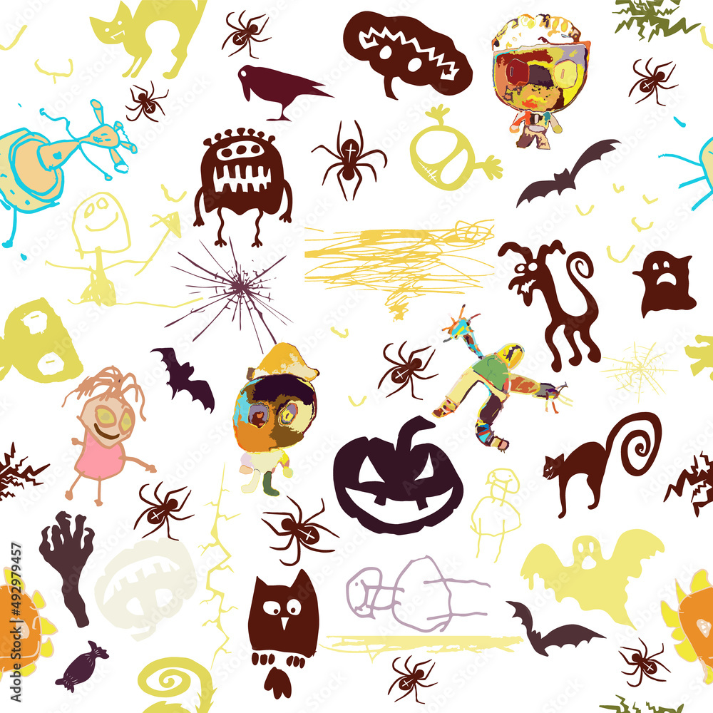 Obraz premium Seamless pattern with funny monsters in cartoon style. Children's background with cute characters for fabric design, Wallpaper, wrapping paper. Vector