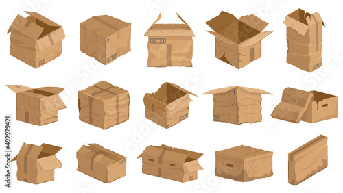 Damaged carton cardboard boxes, crumpled delivery package. Broken, wet, torn carton delivery boxes vector illustration set. Carton damaged cardboard package