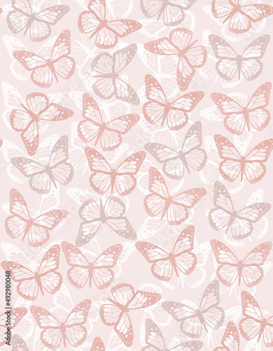 Simple Hand Drawn Vector Seamless Pattern with Blush Pink Butterfies. Elegant Vector Print ideal for Fabric, Textile, Wrapping Paper. Delicate Butterflies Print.