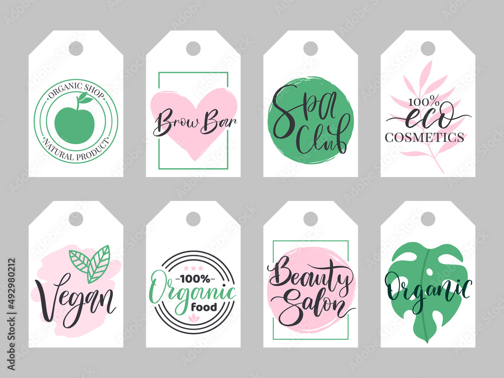 Wellness, health and beauty organic products labels. Spa, healthy yoga center logo vector illustration set. Natural products, spa elements